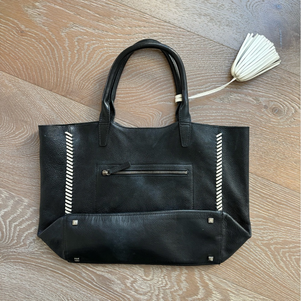 Unique Black Leather Tote Bag with White Whipstitch & Tassel Accent - Picture 5 of 6
